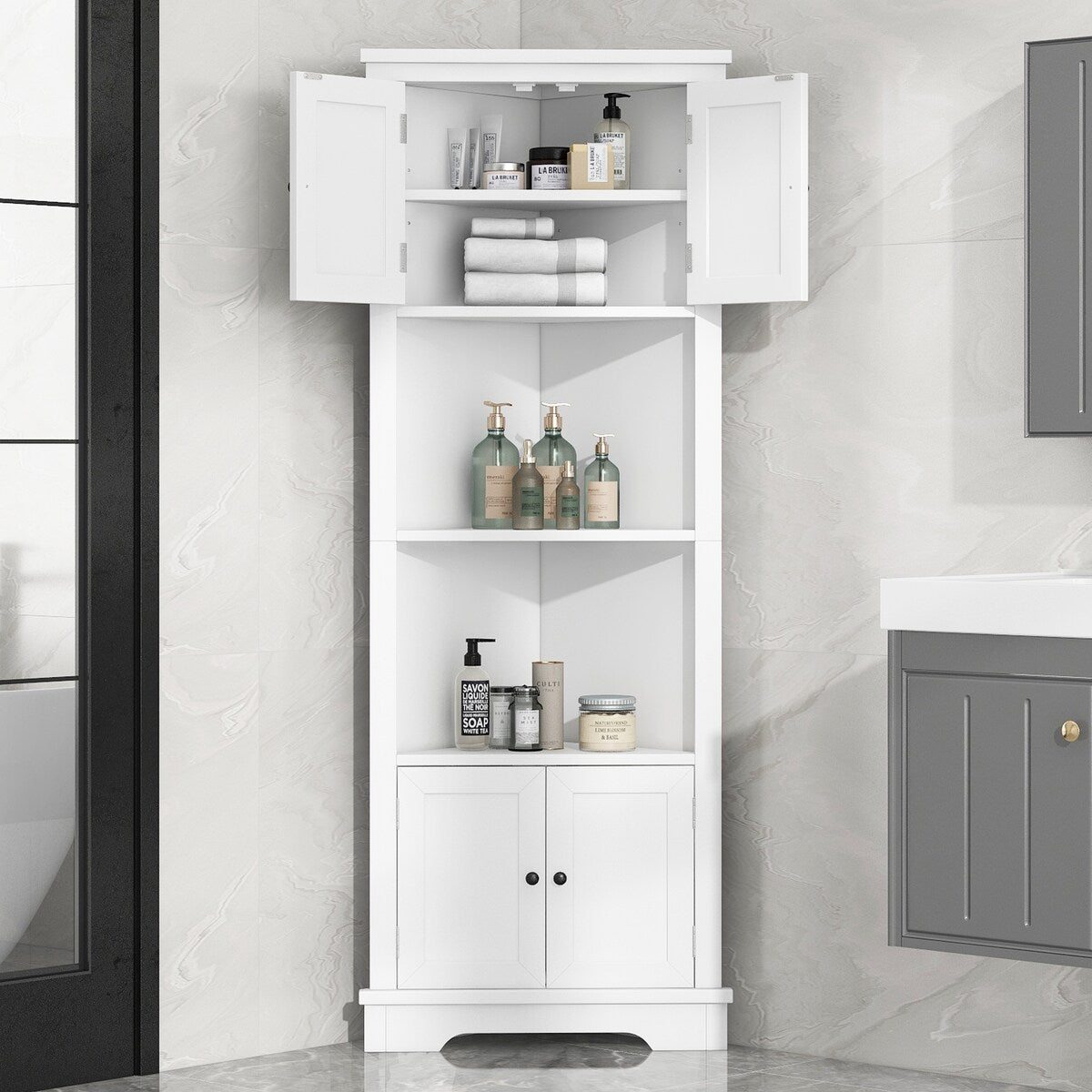 Adjustable Shelf and Open Compartment Tall Corner Bathroom Storage Cabinet White