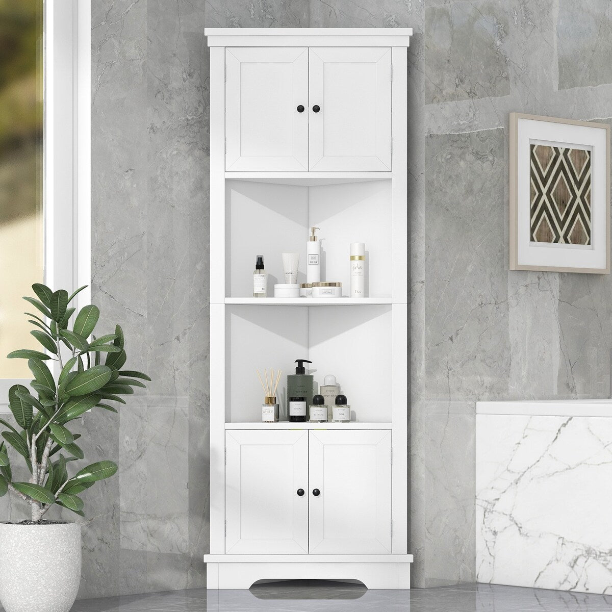 Adjustable Shelf and Open Compartment Tall Corner Bathroom Storage Cabinet White
