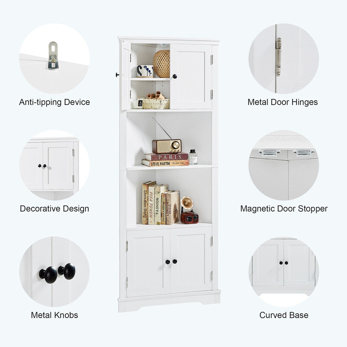 Adjustable Shelf and Open Compartment Tall Corner Bathroom Storage Cabinet White