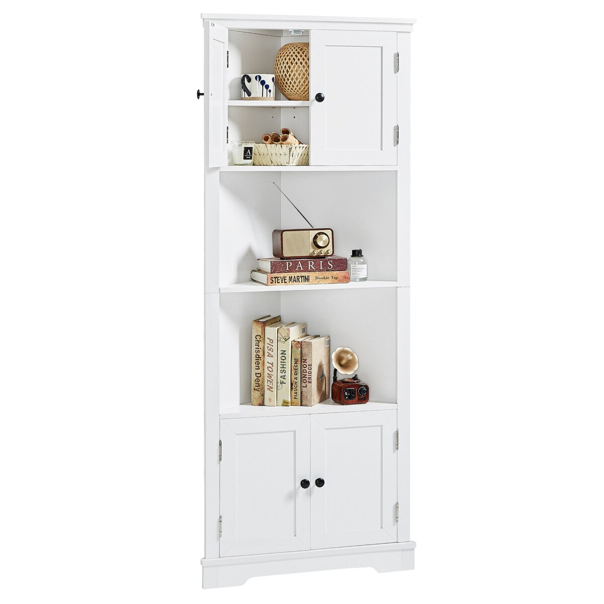 Adjustable Shelf and Open Compartment Tall Corner Bathroom Storage Cabinet White