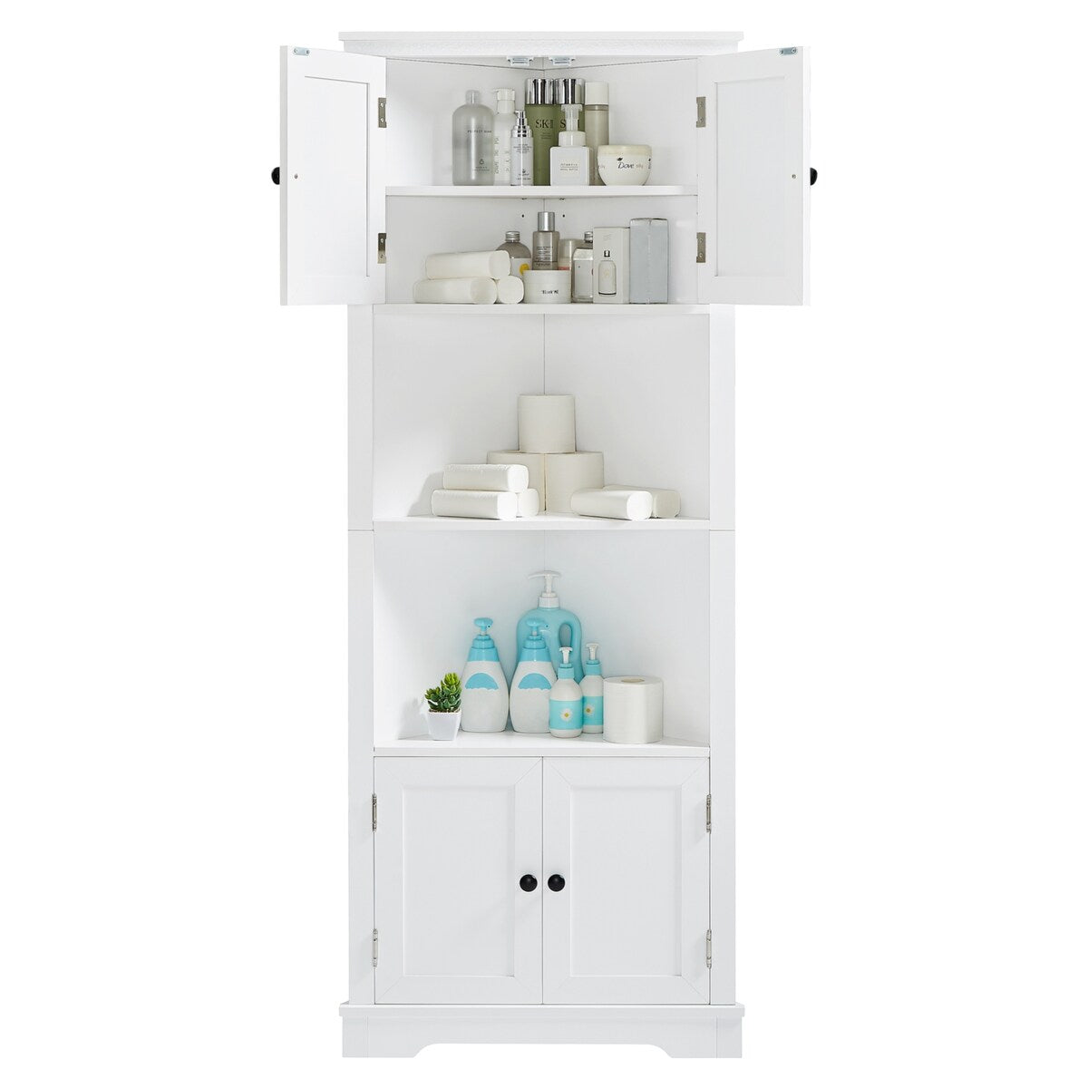 Adjustable Shelf and Open Compartment Tall Corner Bathroom Storage Cabinet White