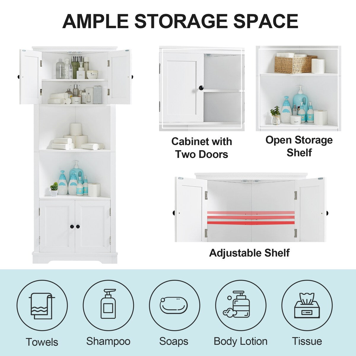 Adjustable Shelf and Open Compartment Tall Corner Bathroom Storage Cabinet White