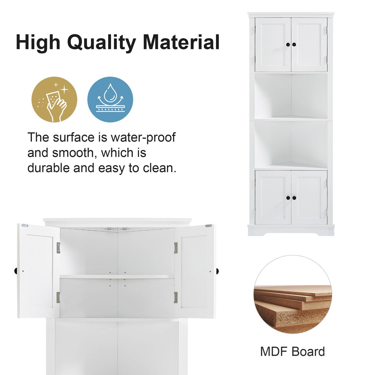 Adjustable Shelf and Open Compartment Tall Corner Bathroom Storage Cabinet White