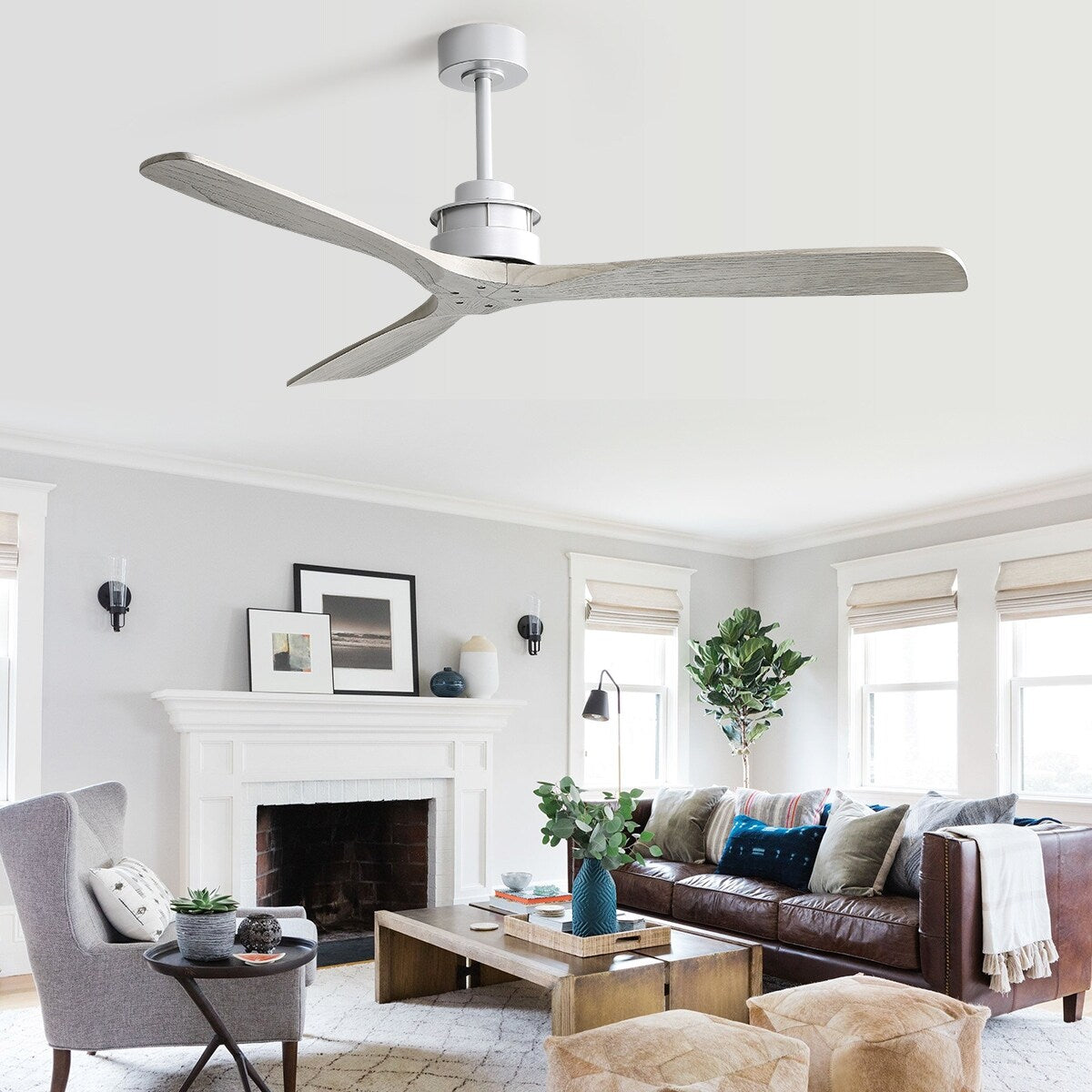 Adjustable brightness 6 speed wind 60 inch integrated LED ceiling fan lighting with silver 3 solid wood blade