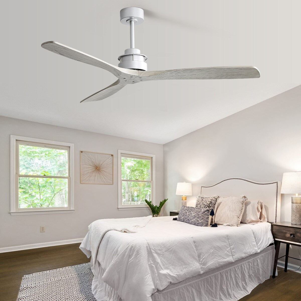 Adjustable brightness 6 speed wind 60 inch integrated LED ceiling fan lighting with silver 3 solid wood blade