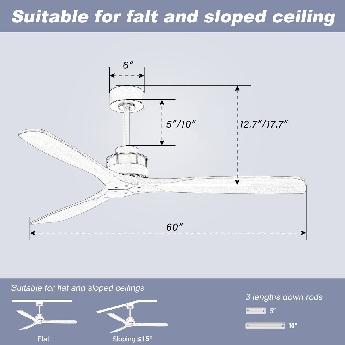 Adjustable brightness 6 speed wind 60 inch integrated LED ceiling fan lighting with silver 3 solid wood blade