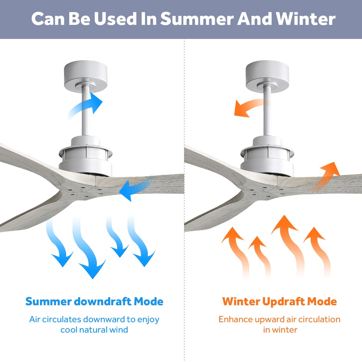 Adjustable brightness 6 speed wind 60 inch integrated LED ceiling fan lighting with silver 3 solid wood blade