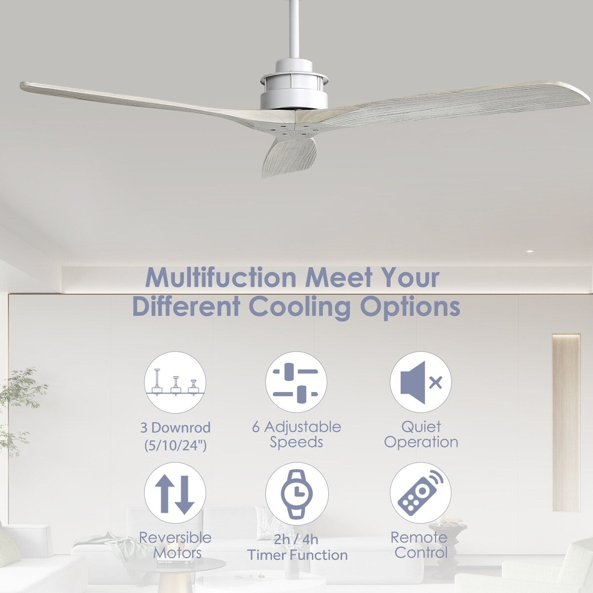 Adjustable brightness 6 speed wind 60 inch integrated LED ceiling fan lighting with silver 3 solid wood blade