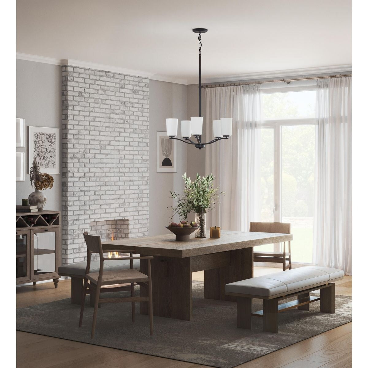 Adley Collection Five-Light Matte Black Etched White Glass New Traditional Chandelier - 22.87 in x 22.87 in x 17.25 in