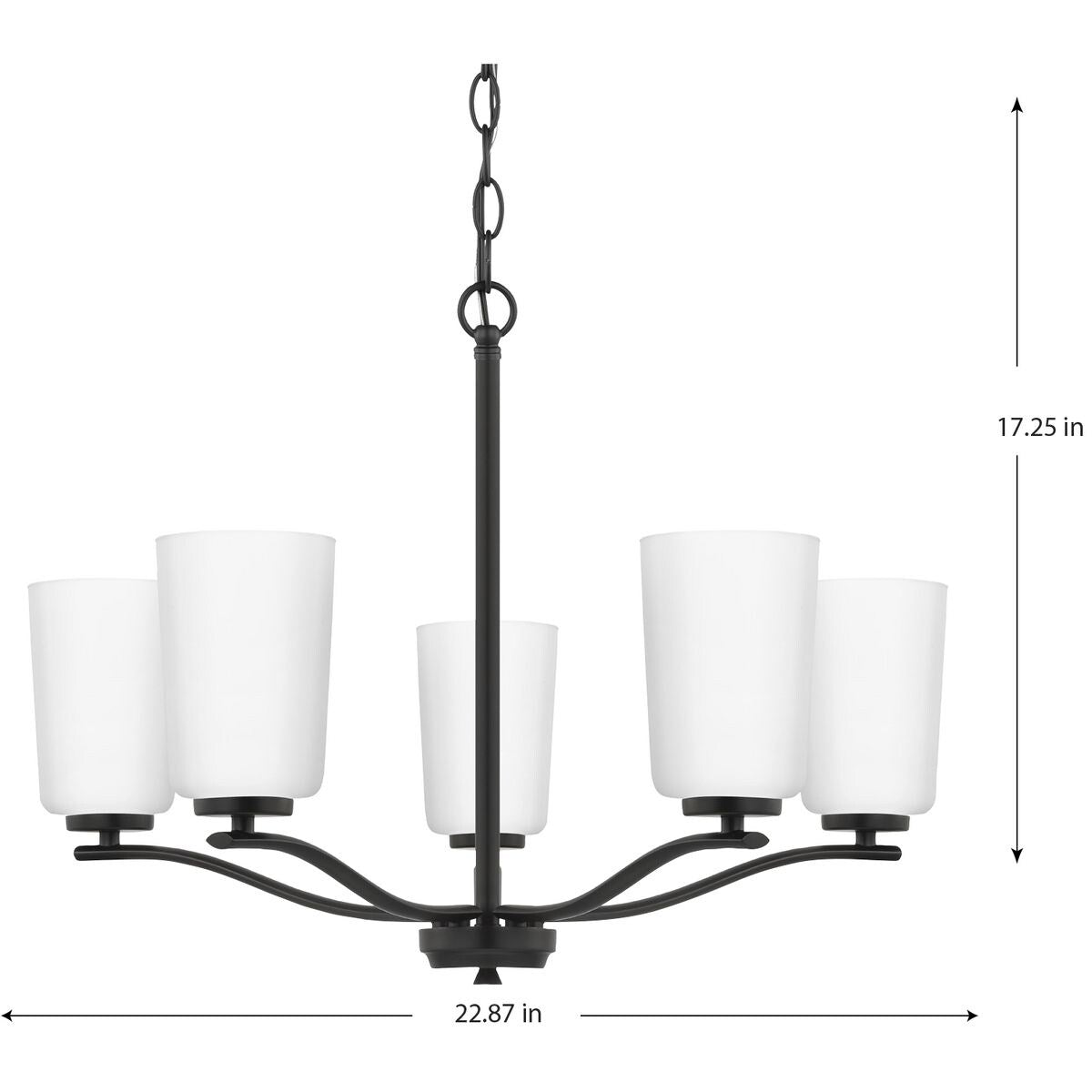 Adley Collection Five-Light Matte Black Etched White Glass New Traditional Chandelier - 22.87 in x 22.87 in x 17.25 in