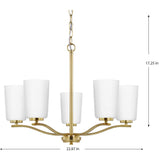 Adley Collection Five-Light Satin Brass Etched White Glass New Traditional Chandelier - 22.87 in x 22.87 in x 17.25 in