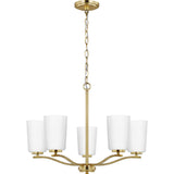 Adley Collection Five-Light Satin Brass Etched White Glass New Traditional Chandelier - 22.87 in x 22.87 in x 17.25 in