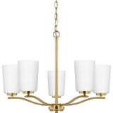 Adley Collection Five-Light Satin Brass Etched White Glass New Traditional Chandelier - 22.87 in x 22.87 in x 17.25 in