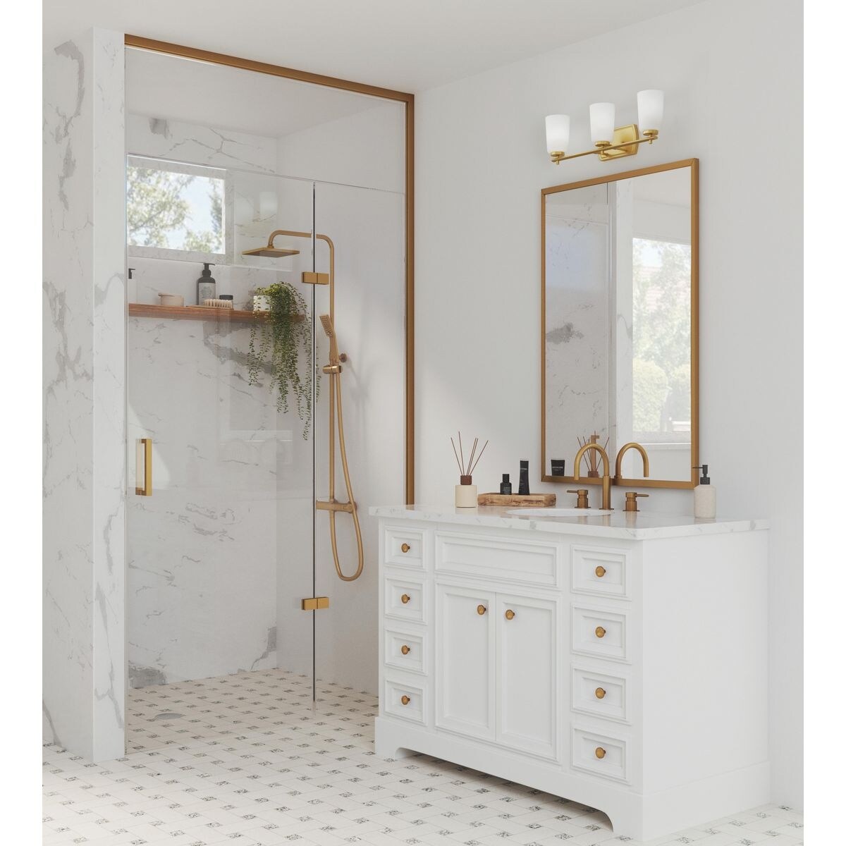 Adley Collection Three-Light Satin Brass Etched Opal Glass New Traditional Bath Vanity Light - 23 in x 6 in x 7.625 in