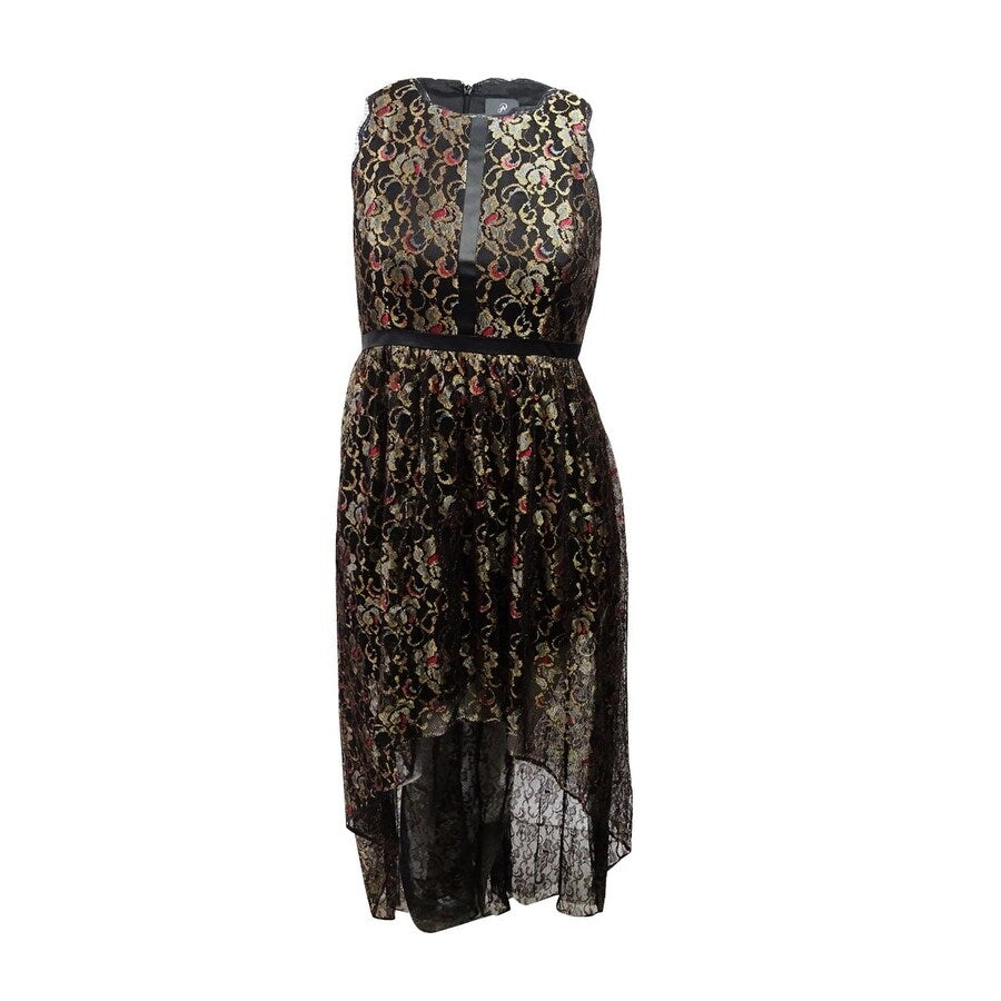 Adrianna Papell Women's Metallic Lace High-Low Gown (12, Black/Gold)