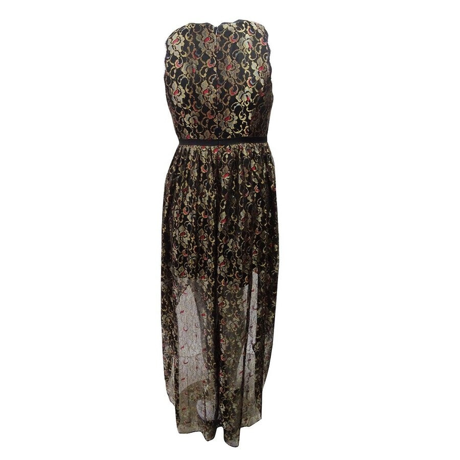 Adrianna Papell Women's Metallic Lace High-Low Gown (12, Black/Gold)