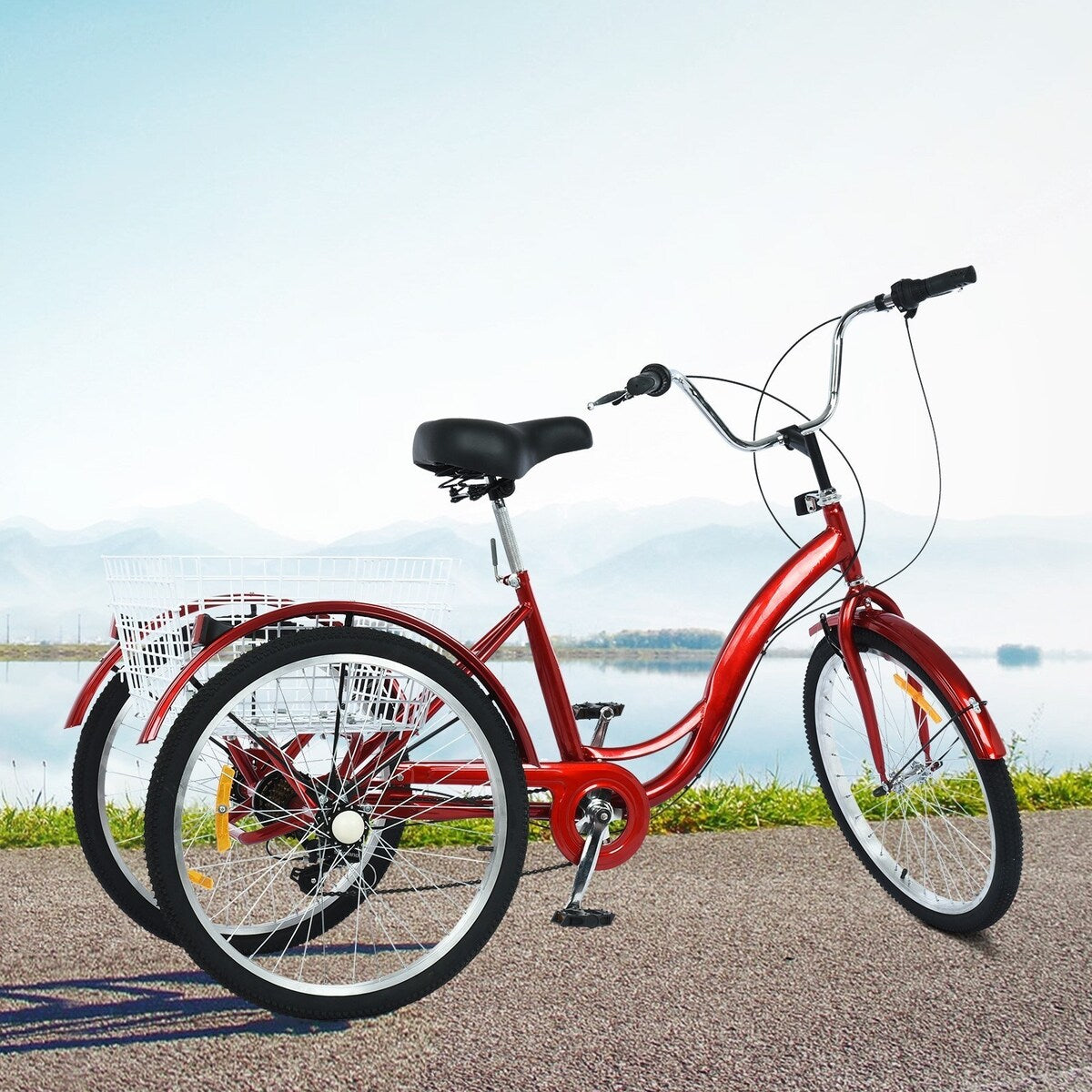Adult Tricycle Three Wheel Cruiser Bike 7 Speeds 24 Inch Wheel Cargo Basket Cycling