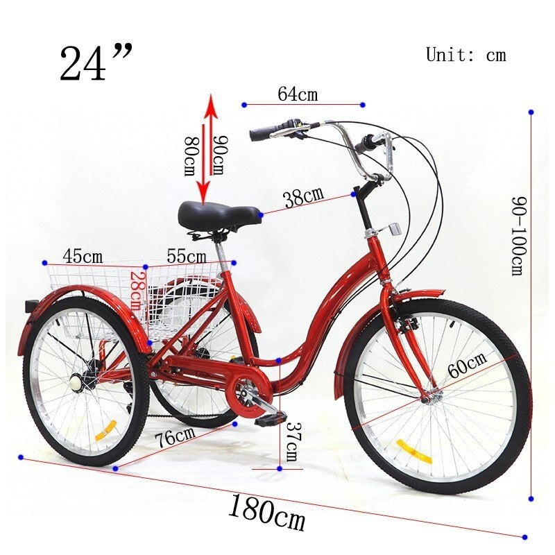 Adult Tricycle Three Wheel Cruiser Bike 7 Speeds 24 Inch Wheel Cargo Basket Cycling