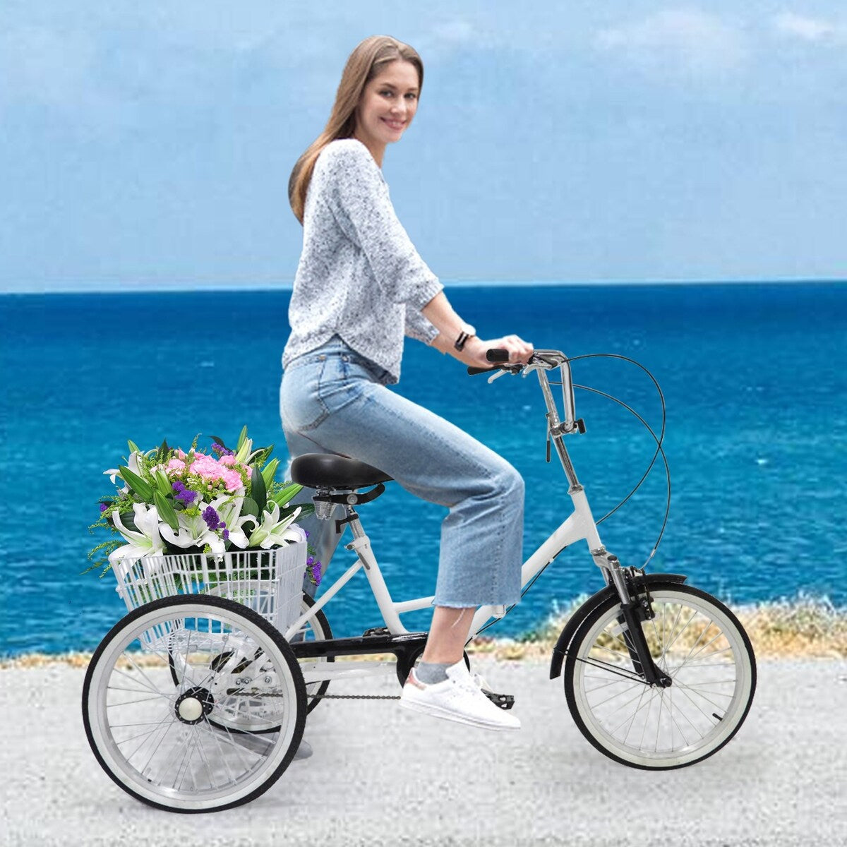 Adult Tricycles 24 In Front Wheel And Rear Wheel With Shopping Basket 1 Speed Cycling
