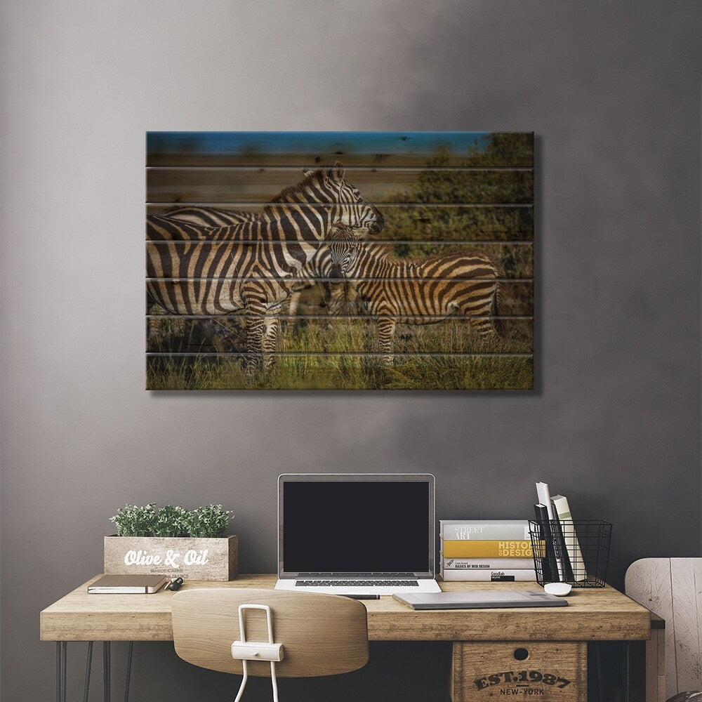 Africa Zebra And Cub Print On Wood by Alex G Perez - Multi-Color