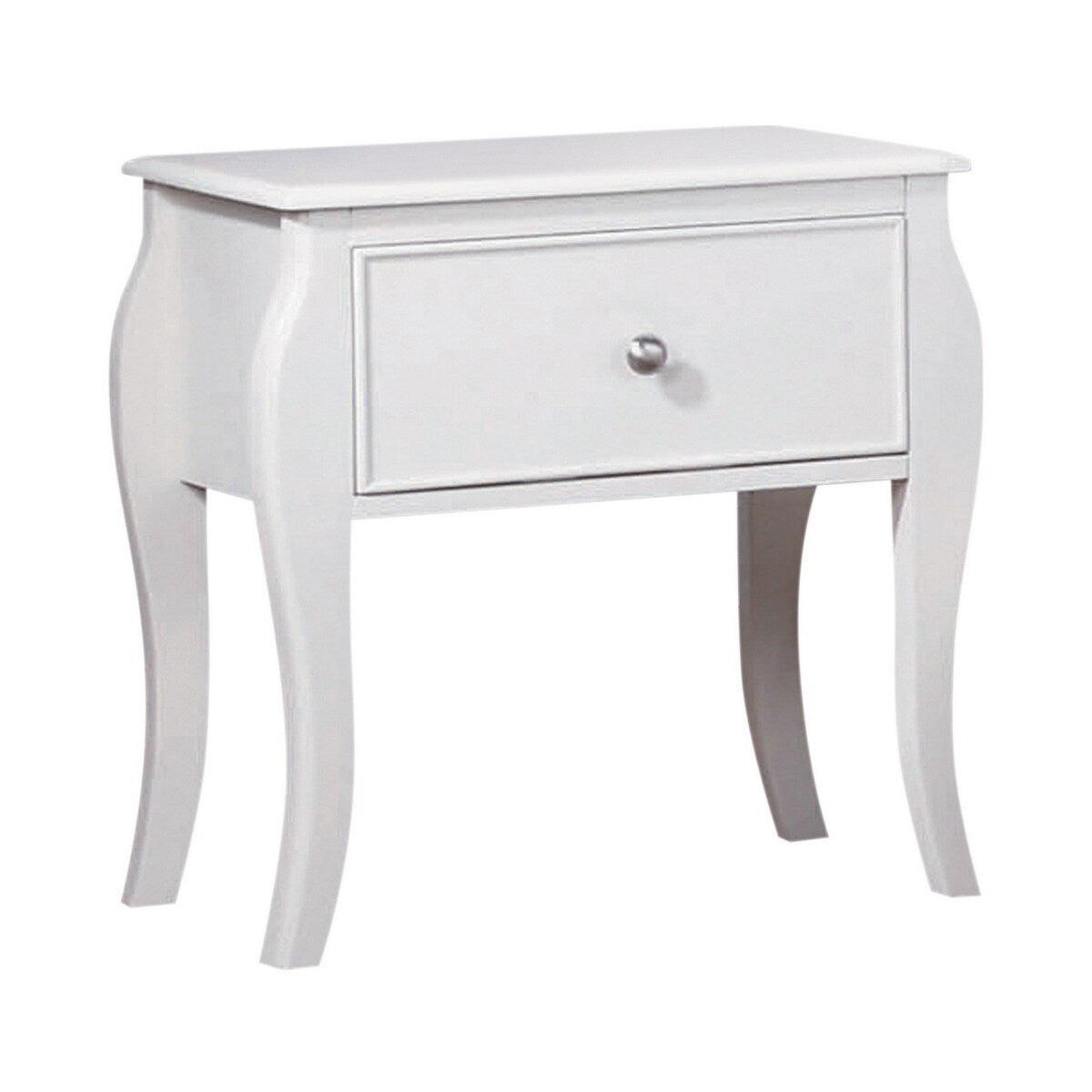 Afv 24 Inch Single Drawer Nightstand, Silver Knob, Curved Legs, White
