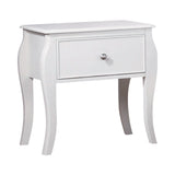 Afv 24 Inch Single Drawer Nightstand, Silver Knob, Curved Legs, White