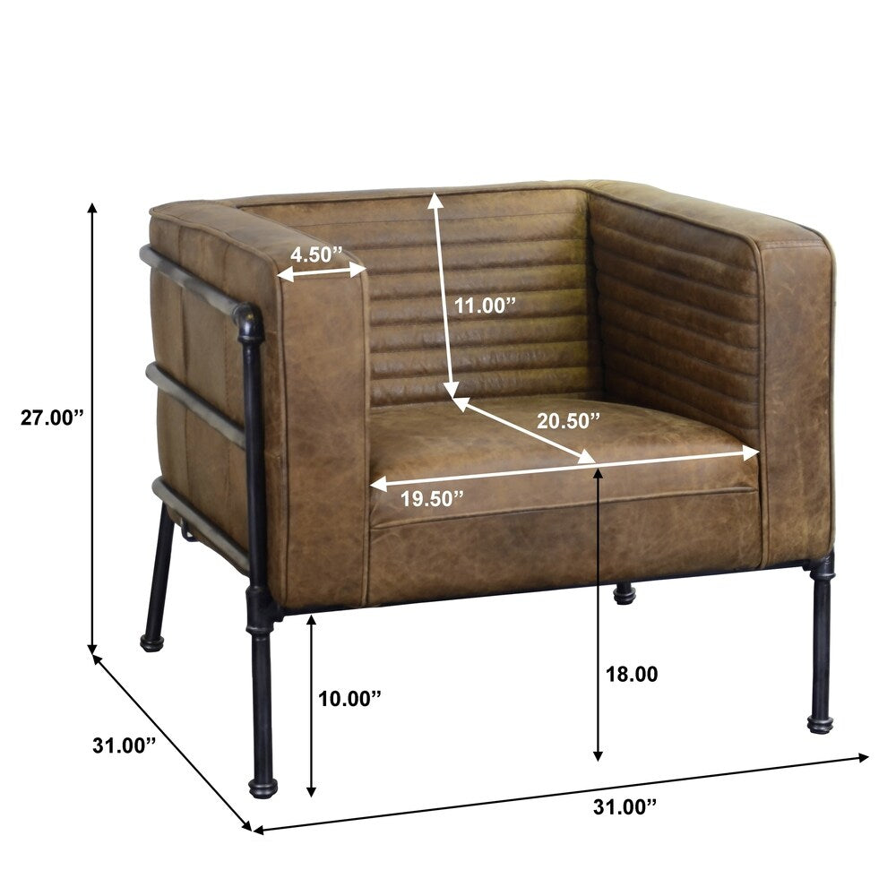 Aged Brown Industrial Channeled Leather and Metal Accent Chair