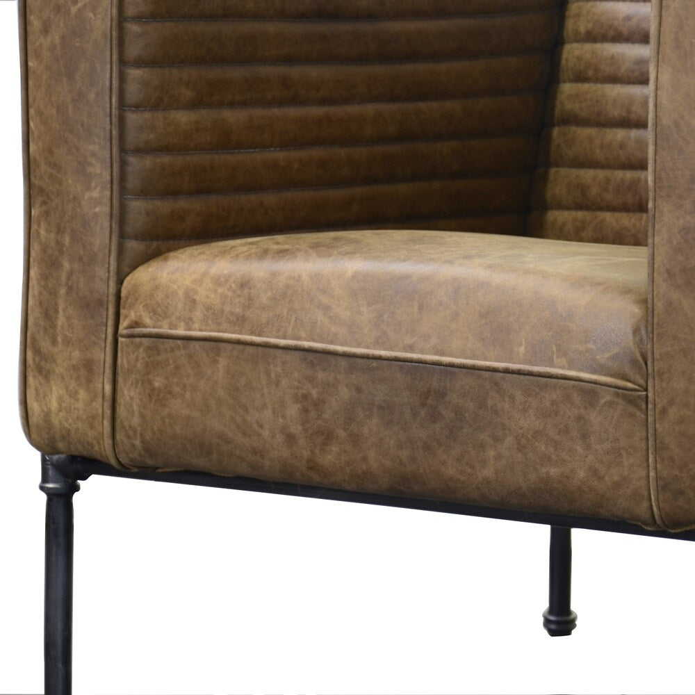 Aged Brown Industrial Channeled Leather and Metal Accent Chair