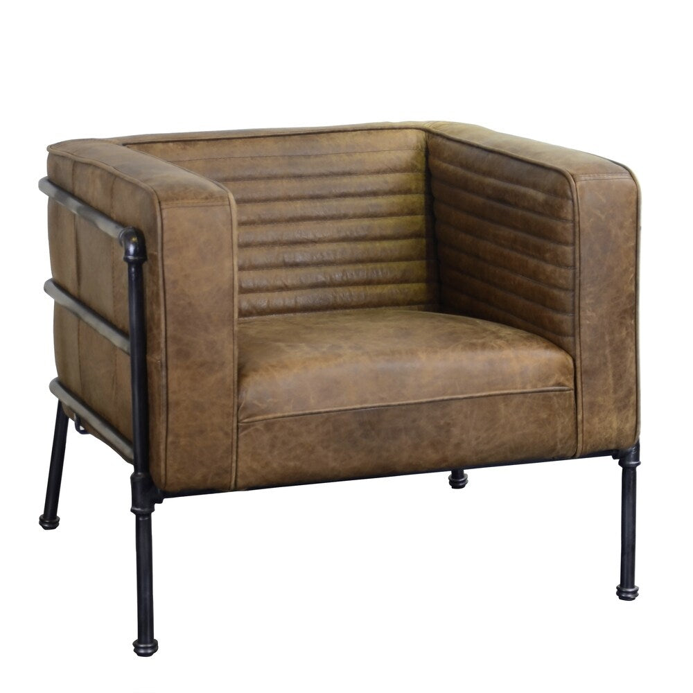 Aged Brown Industrial Channeled Leather and Metal Accent Chair