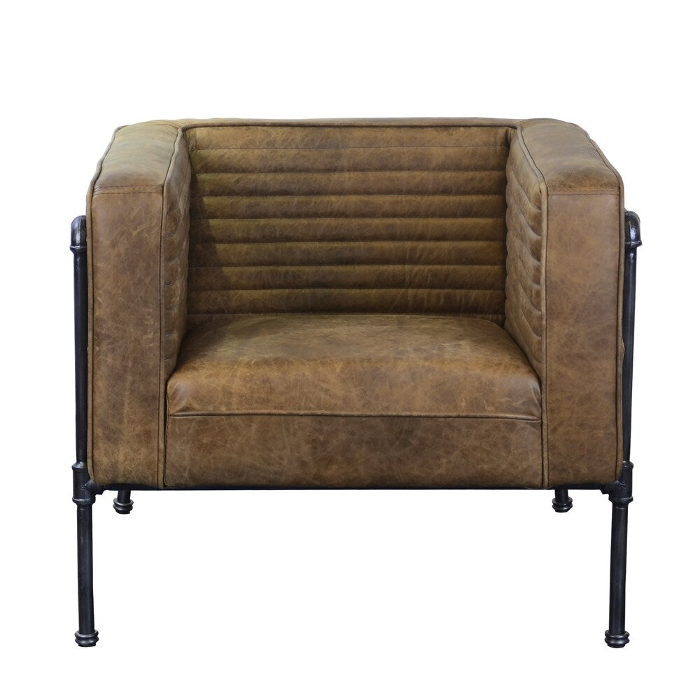 Aged Brown Industrial Channeled Leather and Metal Accent Chair