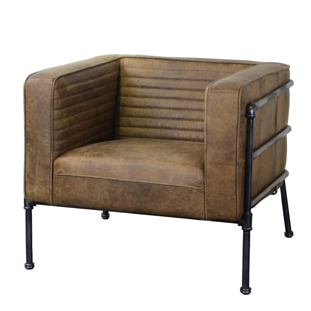 Aged Brown Industrial Channeled Leather and Metal Accent Chair
