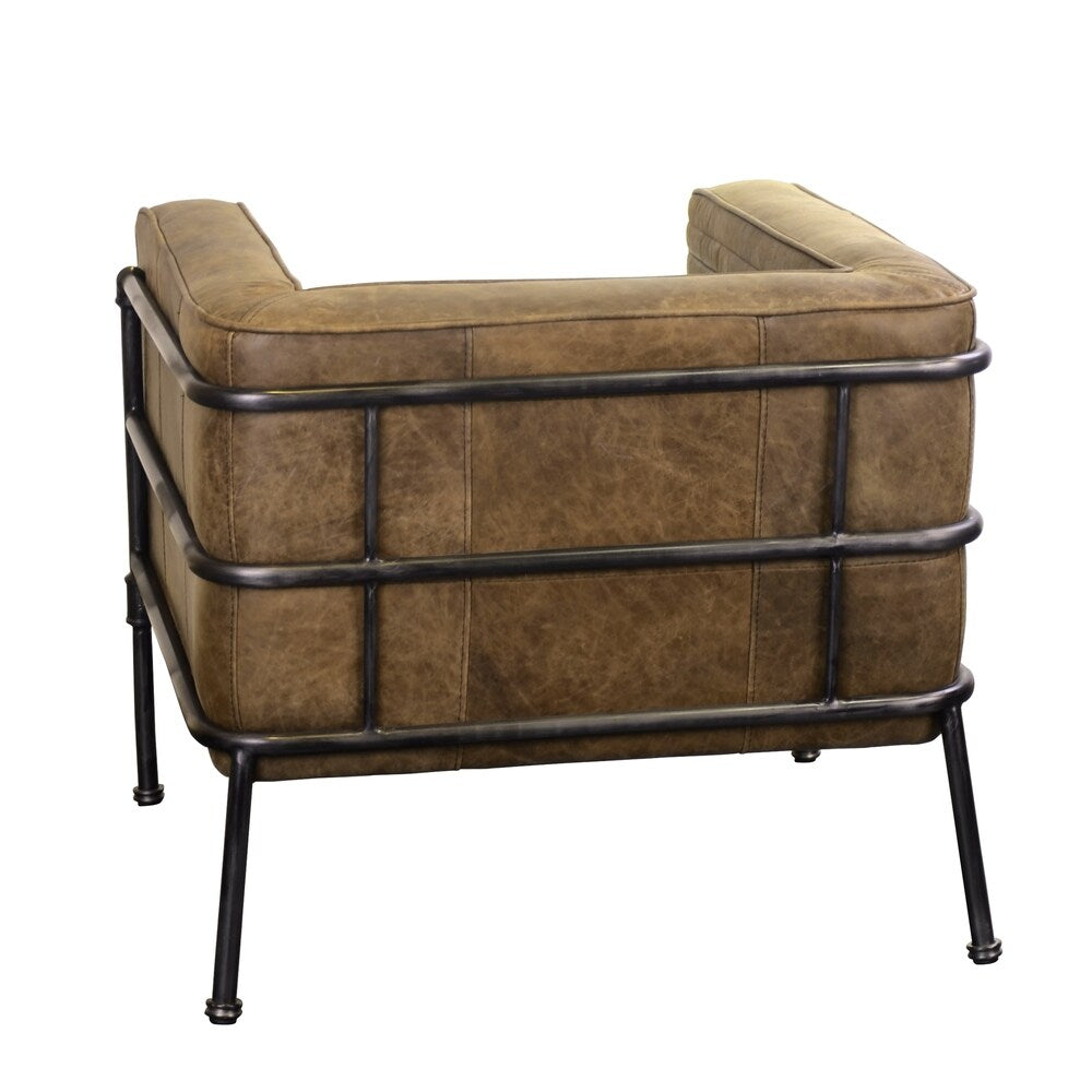 Aged Brown Industrial Channeled Leather and Metal Accent Chair