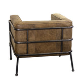 Aged Brown Industrial Channeled Leather and Metal Accent Chair