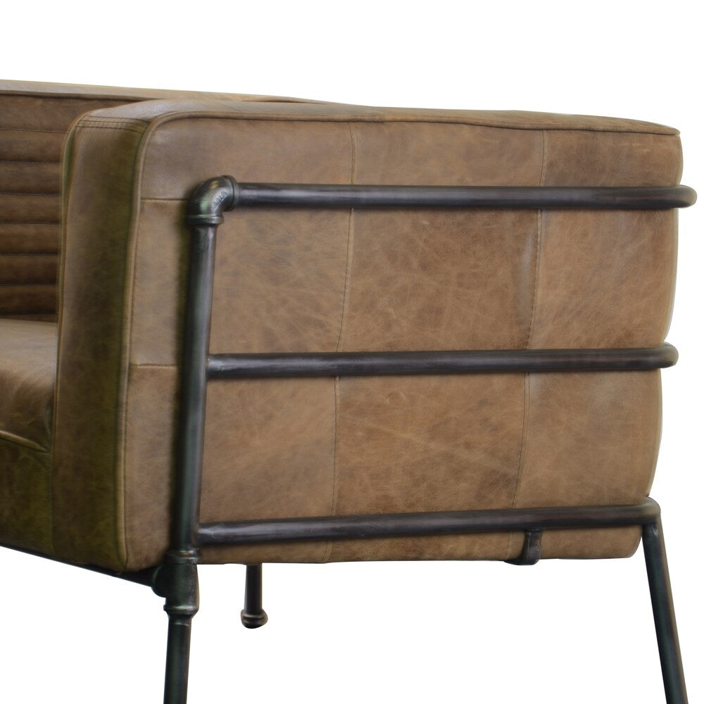 Aged Brown Industrial Channeled Leather and Metal Accent Chair