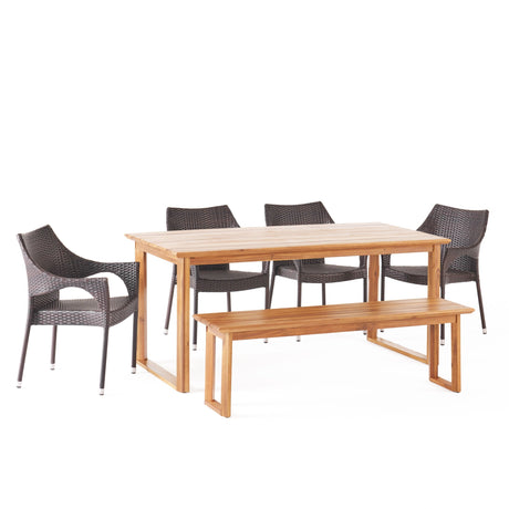 Aggie Outdoor Acacia Wood and Wicker Outdoor 6 Piece Dining Set with Bench by Christopher Knight Home