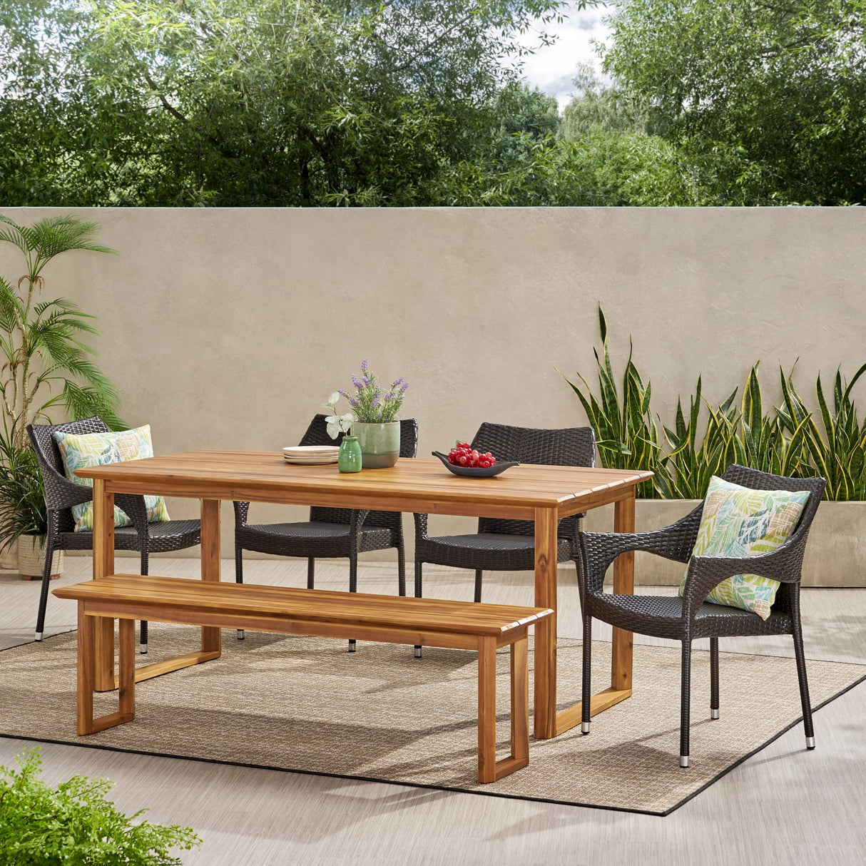 Aggie Outdoor Acacia Wood and Wicker Outdoor 6 Piece Dining Set with Bench by Christopher Knight Home