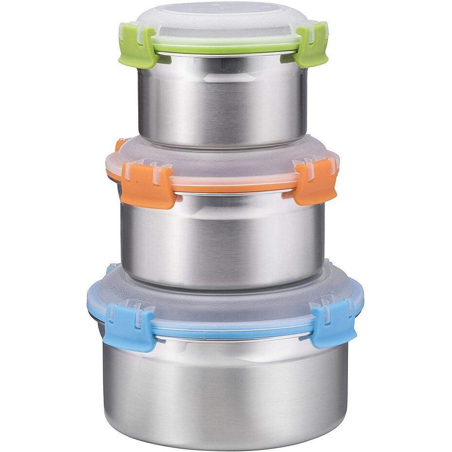 Airtight Food Containers, Set of 3, Stainless Steel with BPA-free Locking Lids, By Bruntmor - 8 oz, 16 oz, 24 oz