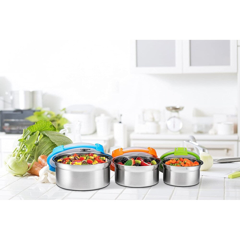 Airtight Food Containers, Set of 3, Stainless Steel with BPA-free Locking Lids, By Bruntmor - 8 oz, 16 oz, 24 oz