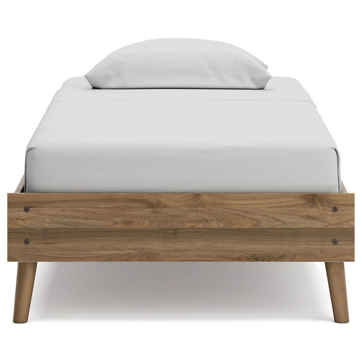 Ako Twin Size Platform Bed, Low Profile, Footboard, Honey Brown Finish