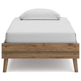 Ako Twin Size Platform Bed, Low Profile, Footboard, Honey Brown Finish