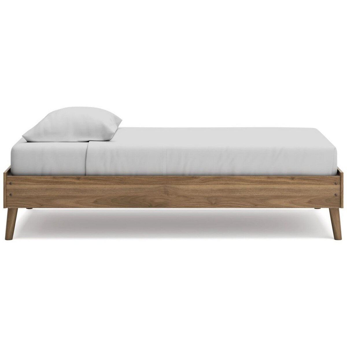 Ako Twin Size Platform Bed, Low Profile, Footboard, Honey Brown Finish