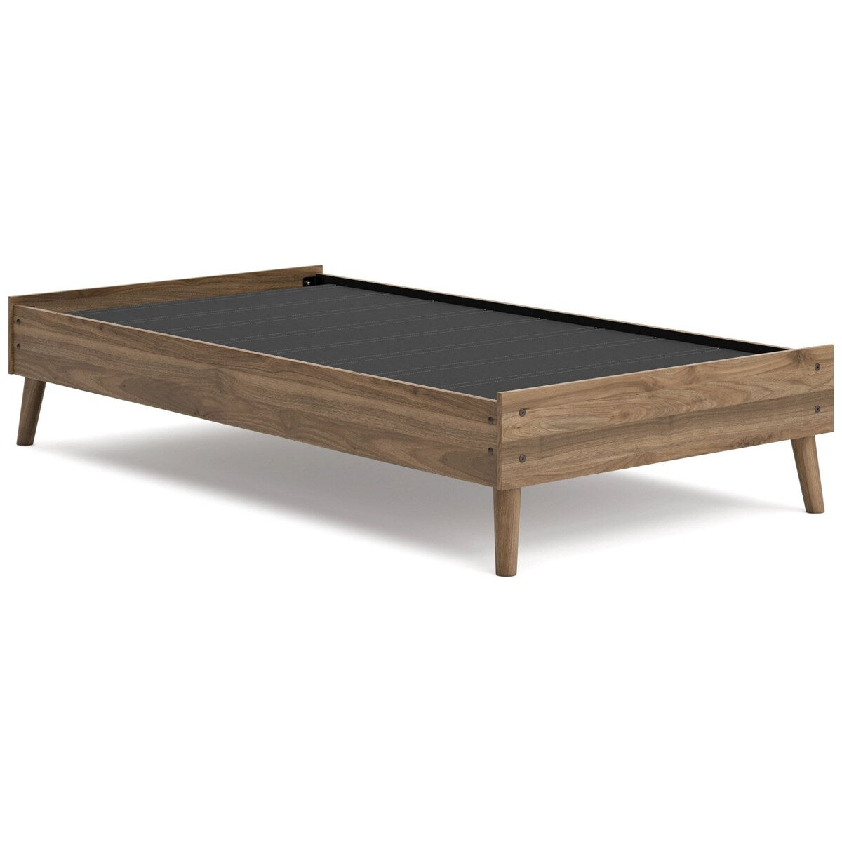 Ako Twin Size Platform Bed, Low Profile, Footboard, Honey Brown Finish