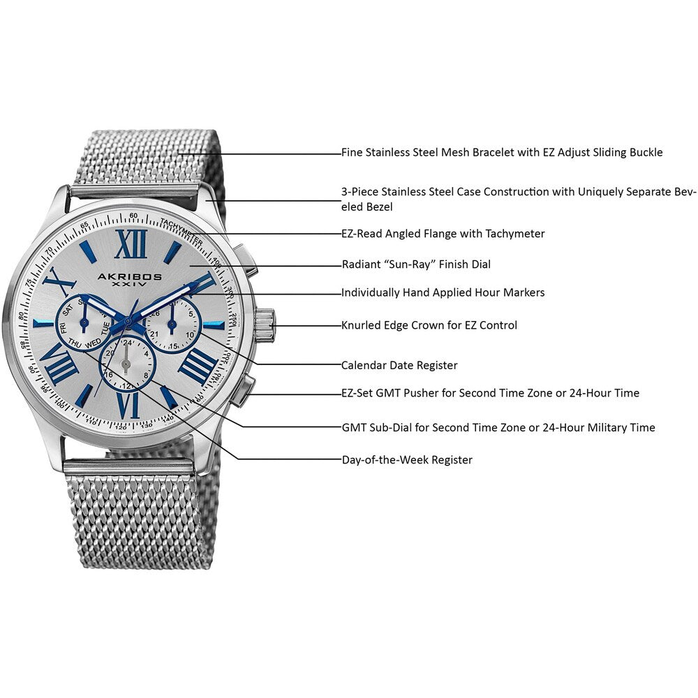 Akribos XXIV Men's Swiss Quartz Multifunction Dual Time Stainless Steel Silver-Tone Bracelet Watch - silver