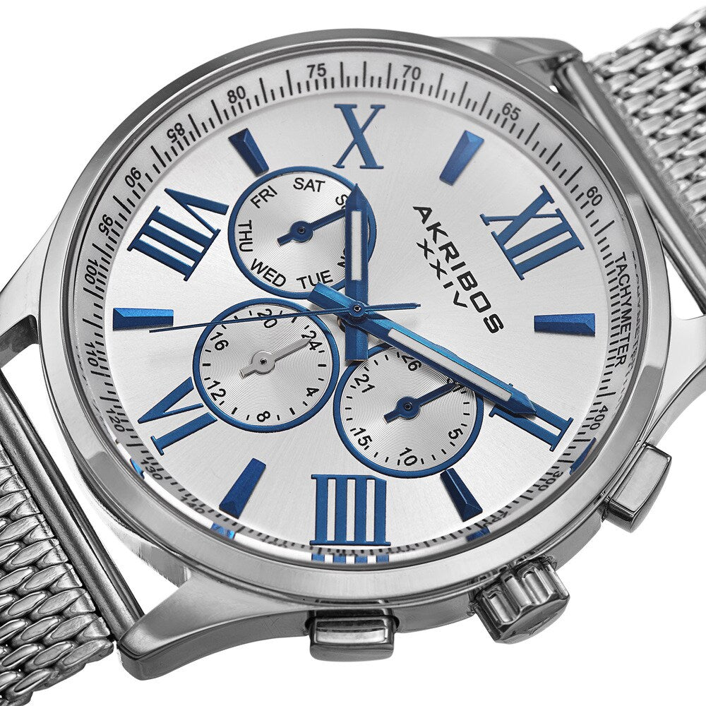 Akribos XXIV Men's Swiss Quartz Multifunction Dual Time Stainless Steel Silver-Tone Bracelet Watch - silver