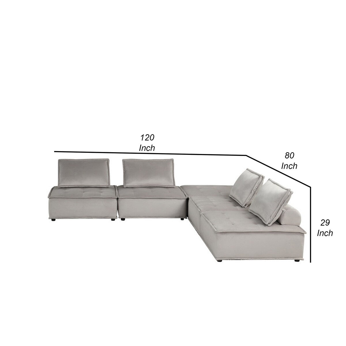Alaya 5pc Foam Modular Sectional Sofa with Ottoman, Gray Velvet Upholstery
