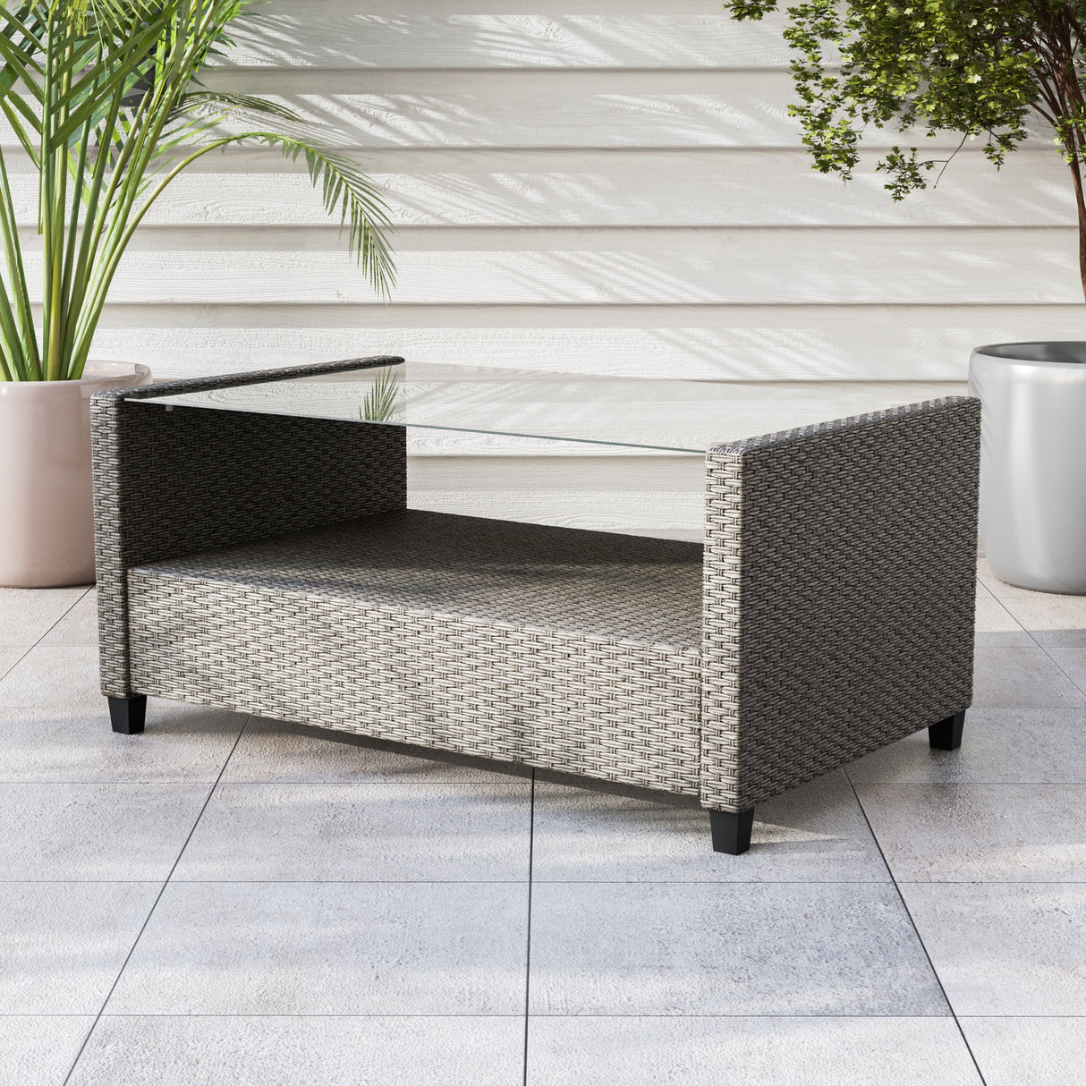 Alaya Modern Wicker and Glass Top Outdoor Coffee Table by M&L Co.