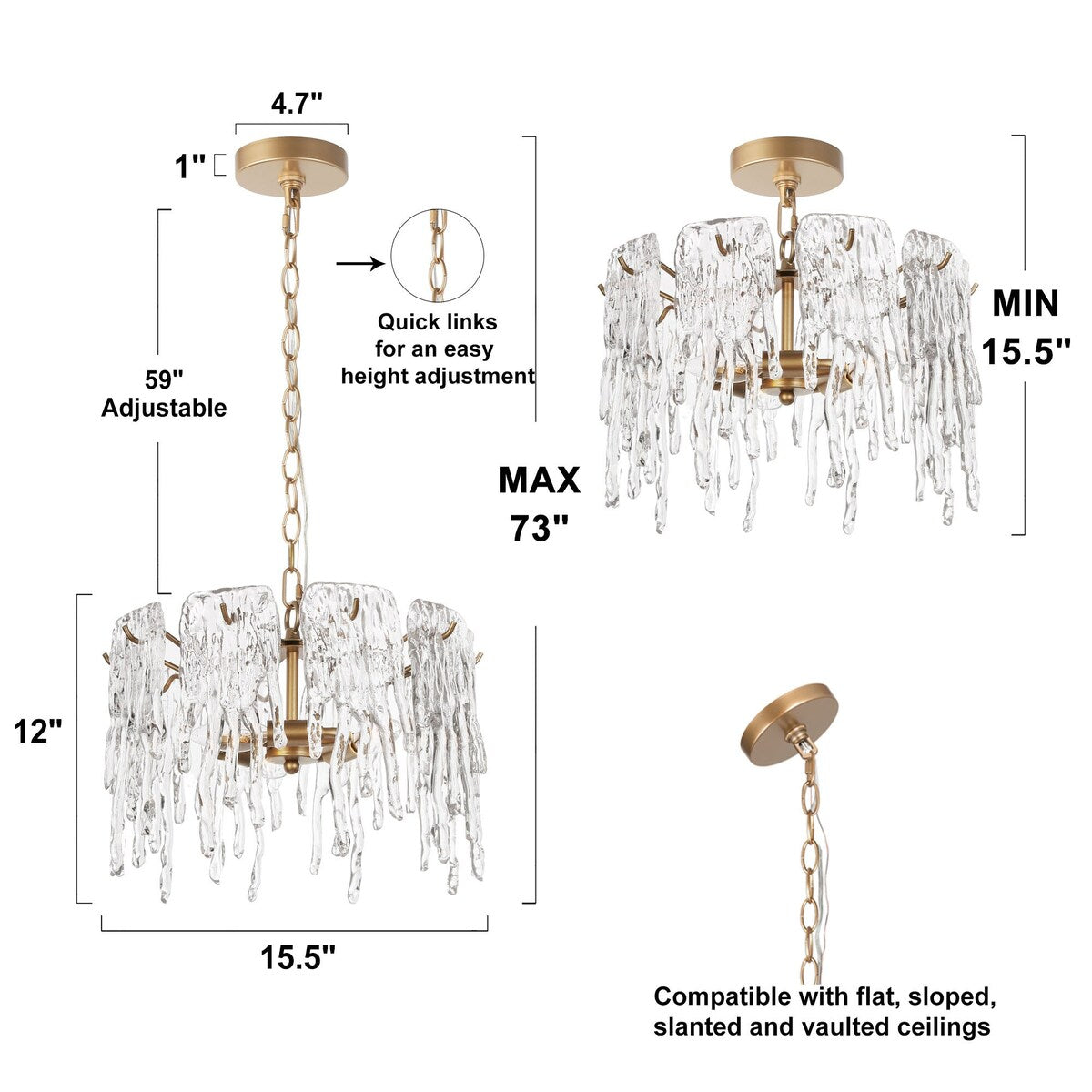 Alegate Modern Glam 3-Light Gold Drum Chandelier Glass Pendant for Dining Room