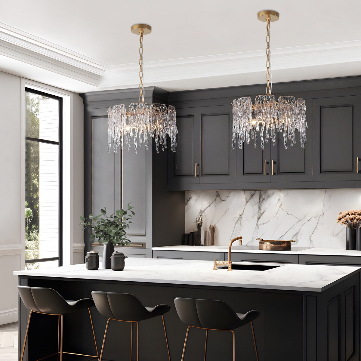 Alegate Modern Glam 3-Light Gold Drum Chandelier Glass Pendant for Dining Room
