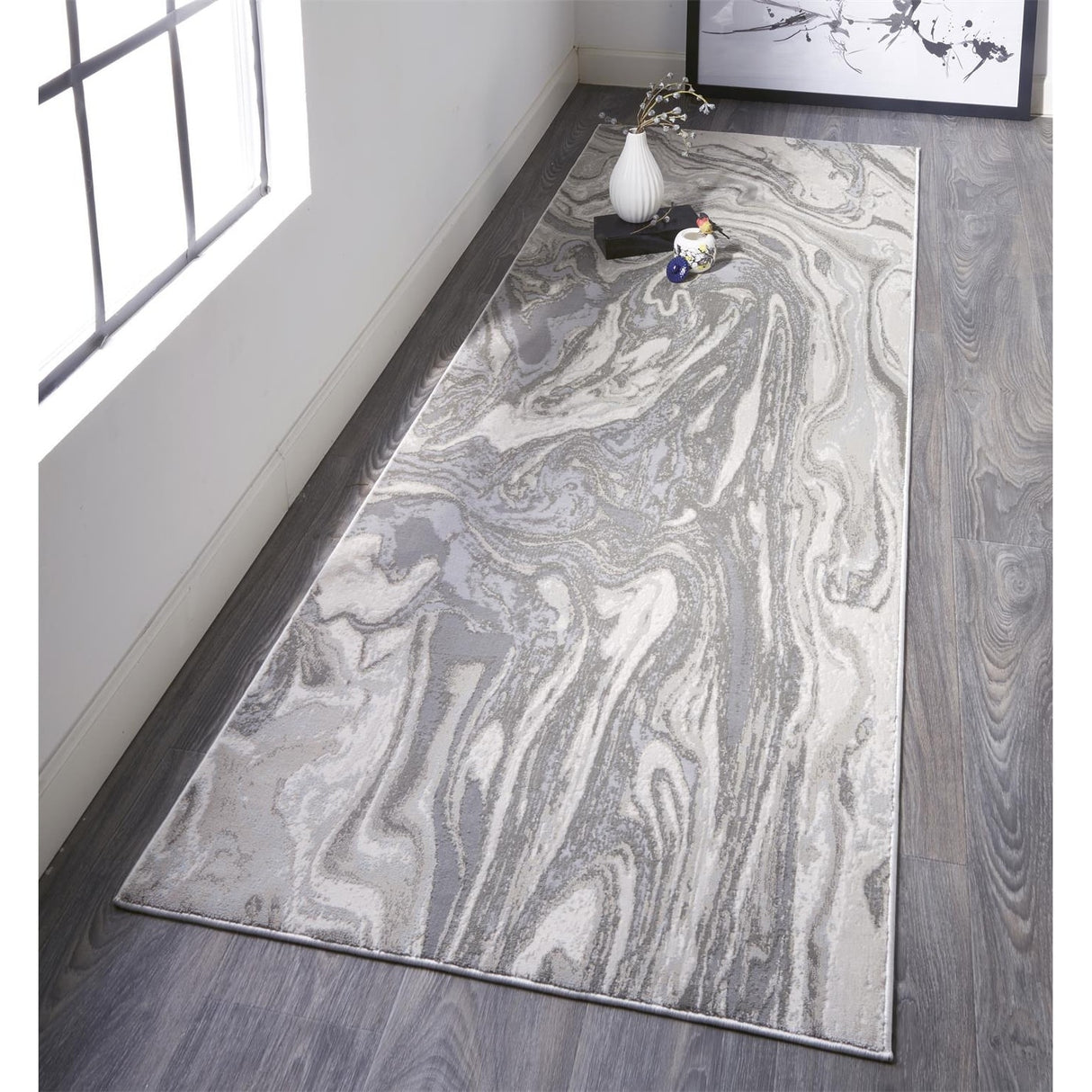 Alexander Abstract Watercolor Rug, Silver Gray/Ivory, Area Rug