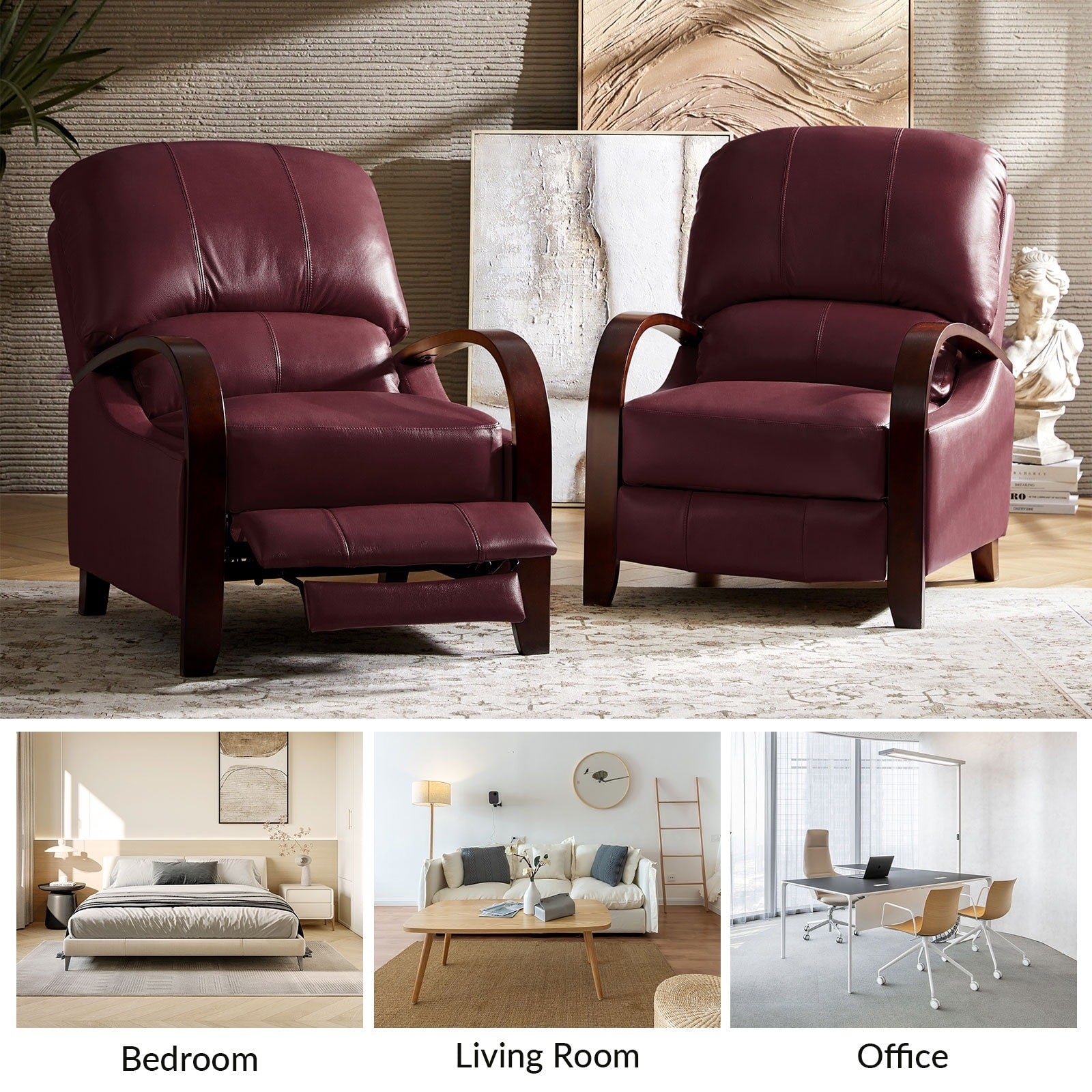 Alexandra Mid Century Modern Genuine Leather Manual Recliner Set of 2